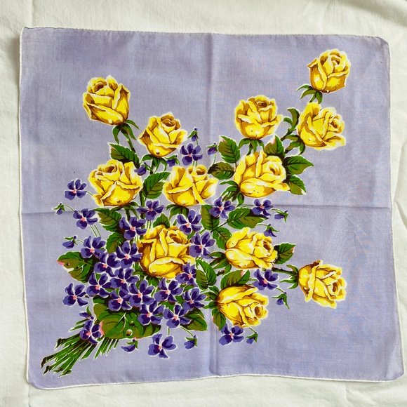 Vintage MCM Handkerchief Floral Bouquet Purple Violets Yellow Roses Rolled Edge - Picture 1 of 7